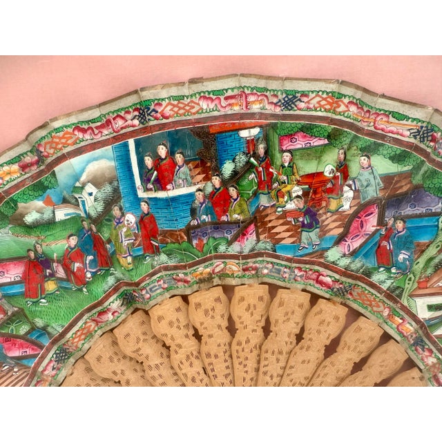 19th Century 19th Century Chinese Export Fan With Finely Pierced Boxwood Sticks and Hand-Painted Scene, Framed For Sale - Image 5 of 9