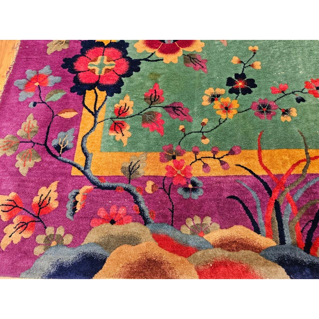 Vintage Art Deco Chinese Rug, Hand-Knotted Wool, Floral Motif, Turquoise & Purple, 9x12 For Sale - Image 15 of 18