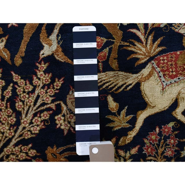 Persian Vintage Persian Navy Blue Silk Qum Hunting & Poetry Design Rug For Sale - Image 3 of 7