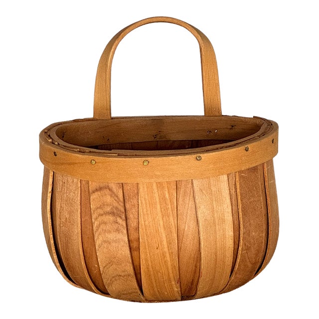 Mid 20th Century Vintage American Woven Slat Bentwood Basket With Wooden Handle For Sale