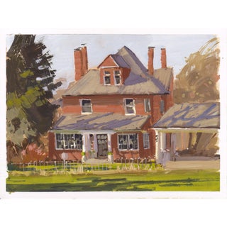 023 - Plein Air-Englewood, CO, 4/2/22 by Judd Mercer | Gouache Painting of a brick house with a garden For Sale