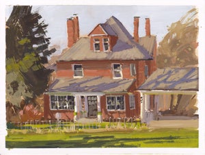 023 - Plein Air-Englewood, CO, 4/2/22 by Judd Mercer | Gouache Painting of a brick house with a garden