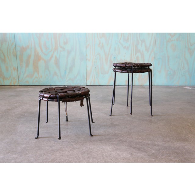 A Set of 4 1940's Swift and Monell Woven Leather and Iron Stools Mid Century Modern For Sale - Image 14 of 17