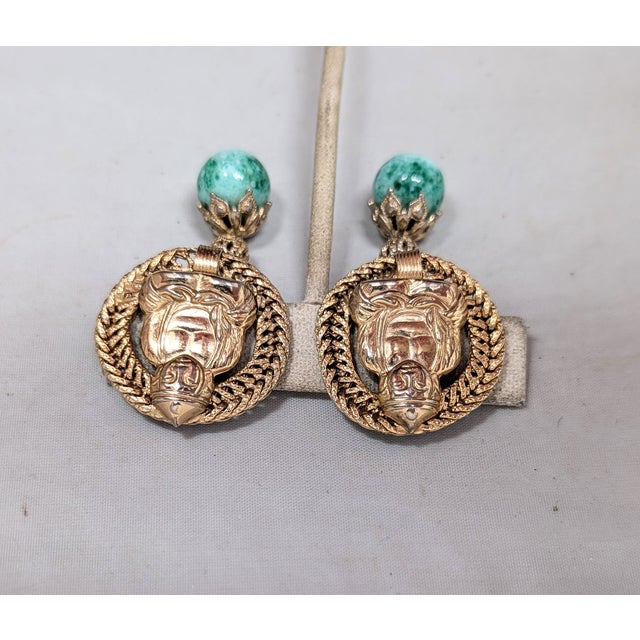 1960s Vintage 1960s Signed Napier Goldtone Buddha Faux-Jade Drop Clip Earrings-2 Pieces For Sale - Image 5 of 10