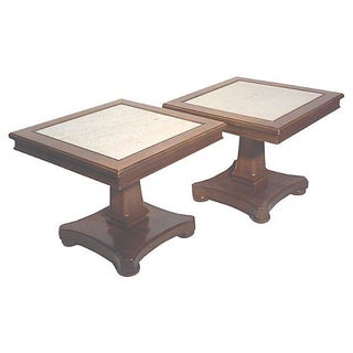 Wood and Travertine Neo-Classical End Tables -Pair For Sale
