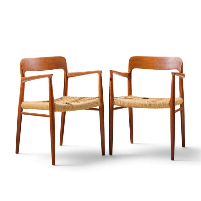 Niels Moller Model 57 Mid Century Danish Teak and Rope Captains Dining Chairs - Pair Each chair measures: 22.75 wide x 21...