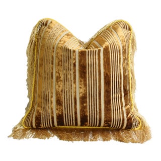 French Tan/Gold Velvet Stripe W/ Feather/Down Pillow & Fancy Cord Trim 19” Square For Sale