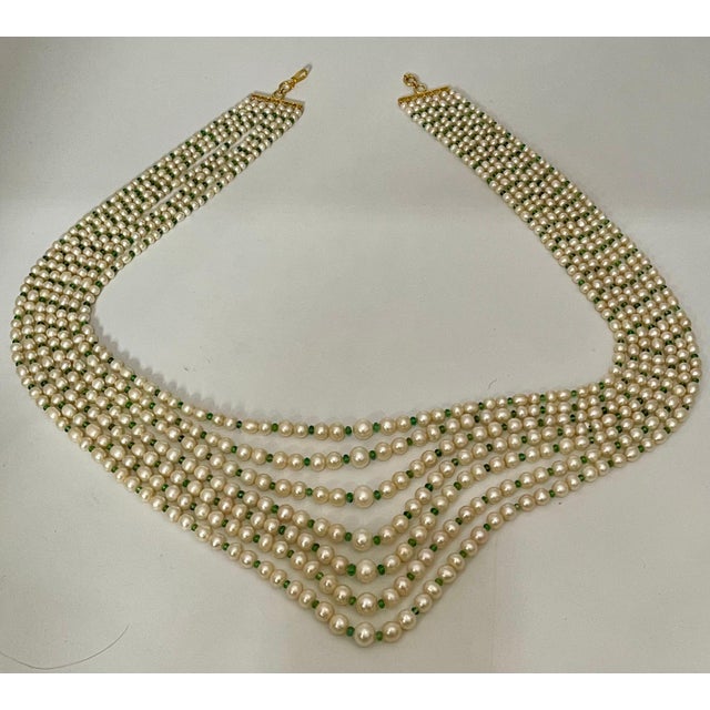 7Layer Fresh Water Pearl , Emerald Bead + 14K Spacer Clasp Opera Length Necklace For Sale - Image 11 of 18