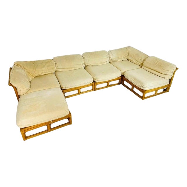 Vintage 6-Piece Bamboo Modular Sofa, Cream Upholstery, 1970s For Sale