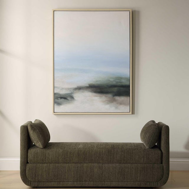 This Serene Hand Painted Artwork Features A Tranquil Blend Of Soft Blues, Grays, And Whites, Evoking A Misty Landscape....