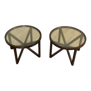 Contemporary Round Glass Top Occasional Tables - A Pair