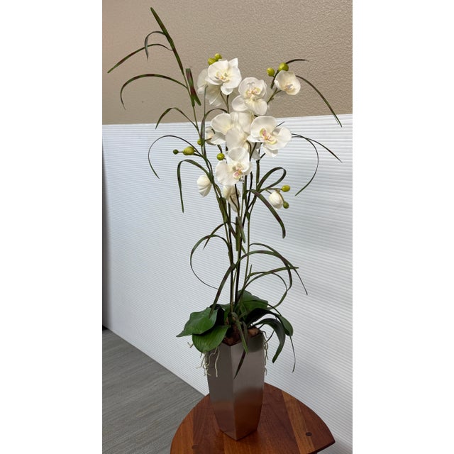 Contemporary Silk Flower Arrangement of Orchids in Vase For Sale - Image 3 of 12