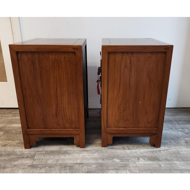 Vintage Chinese Elm Apothecary Nightstands / Bedside Cabinets - A Pair For Sale - Image 10 of 18