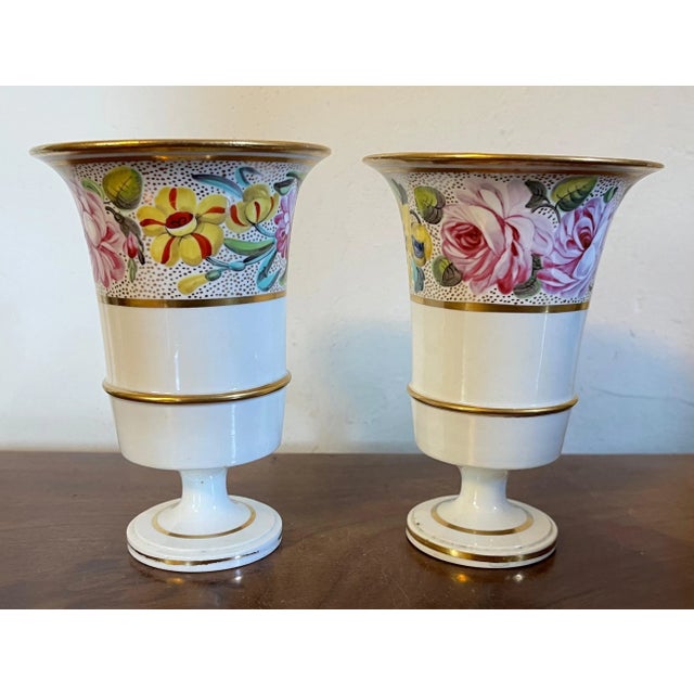 Pair antique early 19th century English Regency Spode botanical trumpet mantel vases circa 1810. Each decorated with hand...