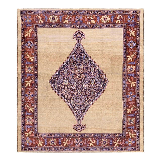 1880s Tan Camel Medallion Herati Antique Persian Bakshaiesh Rug 7' 6"x 9' Handknotted Wool Carpet For Sale