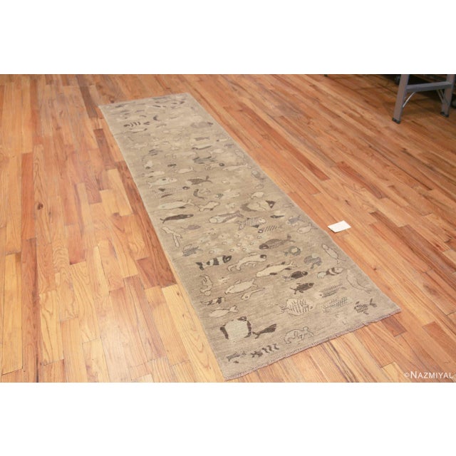 A Fascinatingly Artistic Neutral Color Artistic Fish Design Modern Hallway Runner Rug, Country of Origin: Central Asia,...