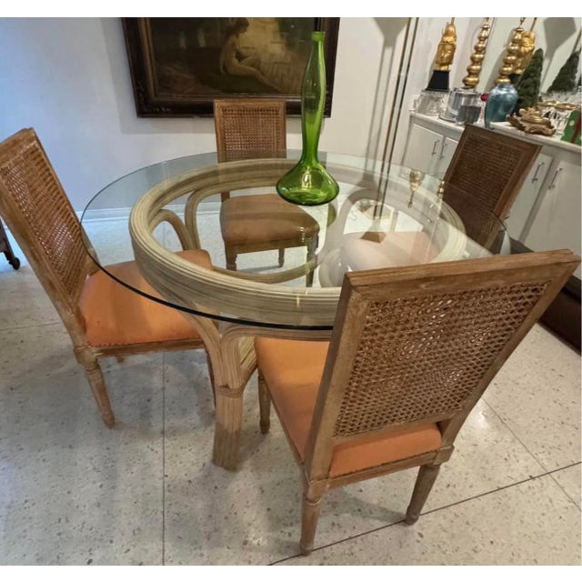 Wood Vintage 1970s Pencil Reed Rattan Dining Table With 54” Glass Top For Sale - Image 7 of 7
