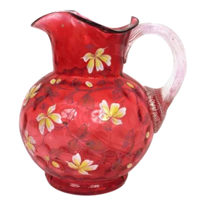 1910s Vintage Eapg Fenton Cranberry Coin Dot Ruffled Enameled Flower Art Glass Pitcher
