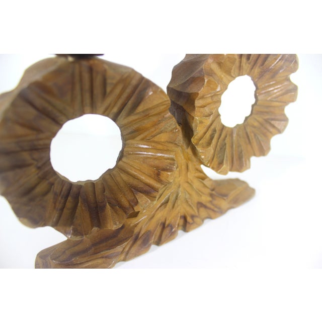 Mid 20th Century Spanish Brutalist Carved Olive Wood Two Arm Handmade Wooden Candelabra For Sale - Image 11 of 11