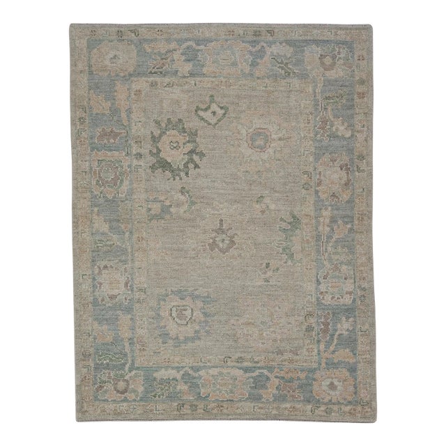 Turkish Oushak Rug Earthy Green & Beige Handwoven Wool Rug 4'2" X 5'6" For Sale