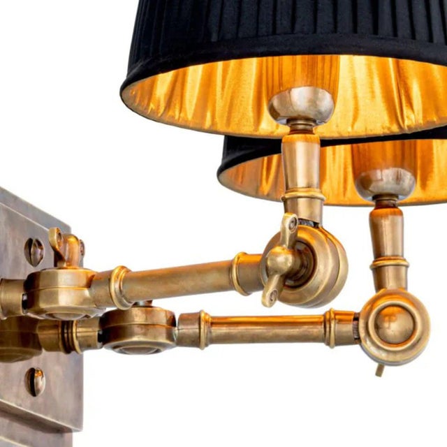Vintage Brass Metal Double Wall Lamps with Black Fabric Shades, Set of 2 For Sale - Image 6 of 7