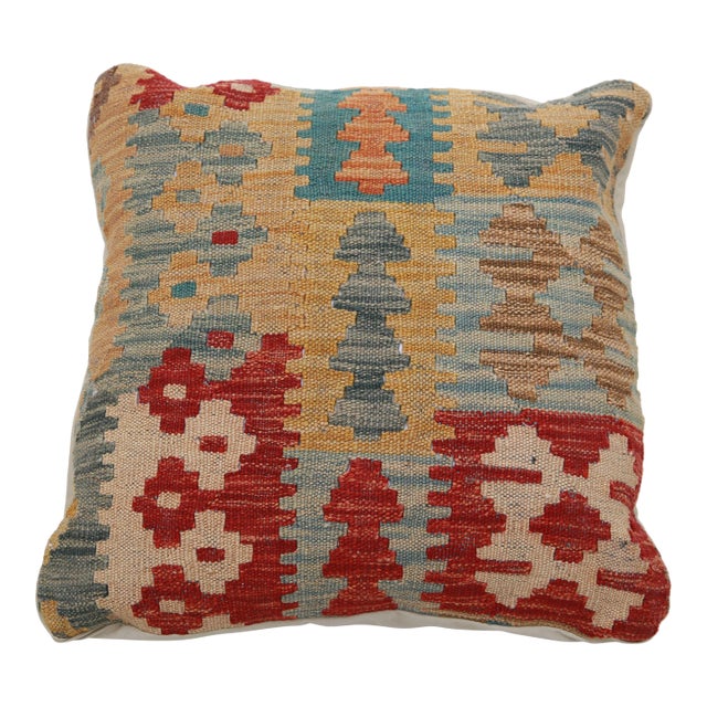 Arteverk Handwoven Afghan Kilim Pillow — Red & Teal Geometric Patchwork For Sale