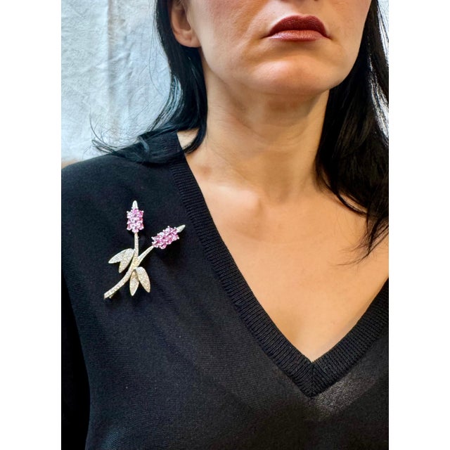 Vintage 18 Kt White Gold Diamond & 13 Ct Pink Sapp Floral Bouquet Broach 23.2 GM For Sale - Image 12 of 18