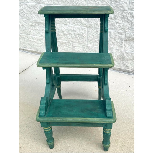 Tuscany Italian Country Carved &Amp; Distressed Green Painted Wood 3-Step Library Ladder For Sale - Image 9 of 11