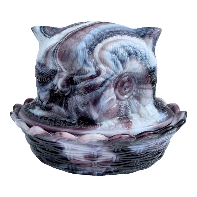 Vintage Amethyst Slag Glass Owl on Nest Dish For Sale