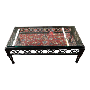 Mid Century Style Circle Pattern Black Iron & Glass Cocktail Coffee Table