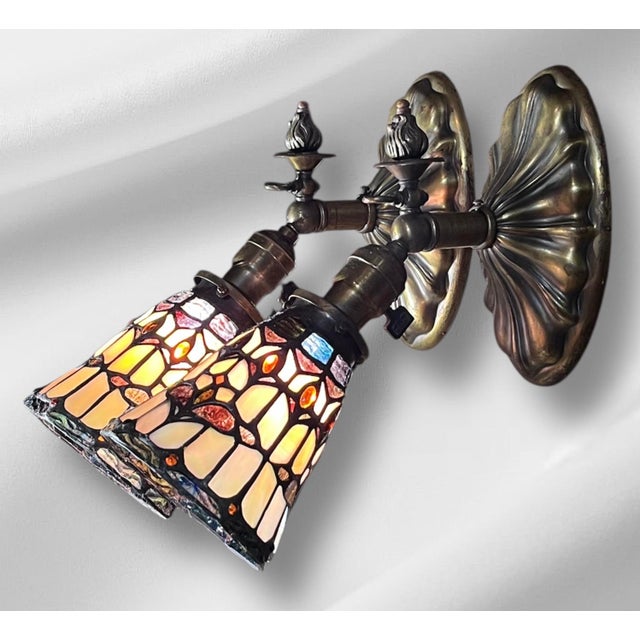 1920s Brass Beardslee Sconce Set With Leaded Glass Shades - a Pair For Sale - Image 4 of 10