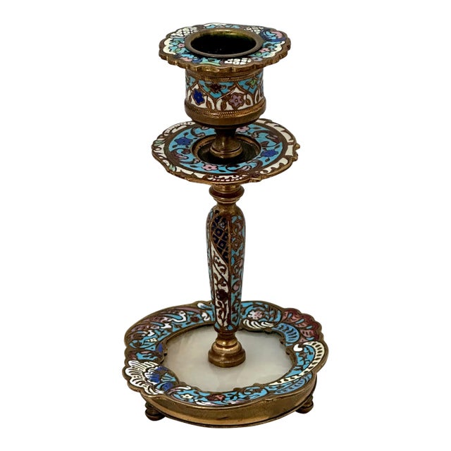 Beautiful Antique French Rococo Champleve ( Enamel ) on Bronze & Marble Night Stand Candlestick Circa 1880s For Sale