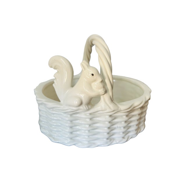 Vintage Italian White Ceramic Squirrel Basket Bowl – Handcrafted Stoneware Candy Dish with Basket Weave Design, Made in...