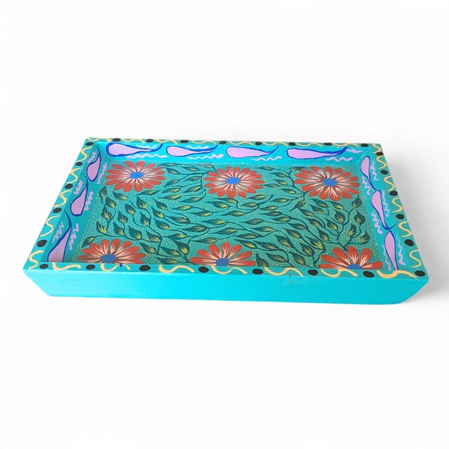Teal Original Hand Painted Folk Art Style Tray For Sale - Image 8 of 17