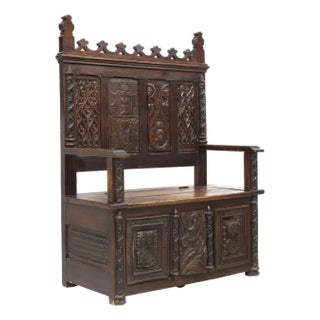 1800's French Gothic Revival, Carved Oak, Storage ,Tracery, 64”, Hall Bench! For Sale