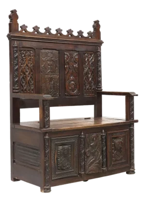 1800's French Gothic Revival, Carved Oak, Storage ,Tracery, 64”, Hall Bench!