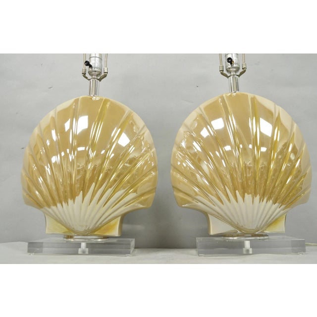 Late 20th Century Mid Century Modern Iridescent Gold Ceramic Pottery Clam Shell Table Lamp - Pair For Sale - Image 13 of 15