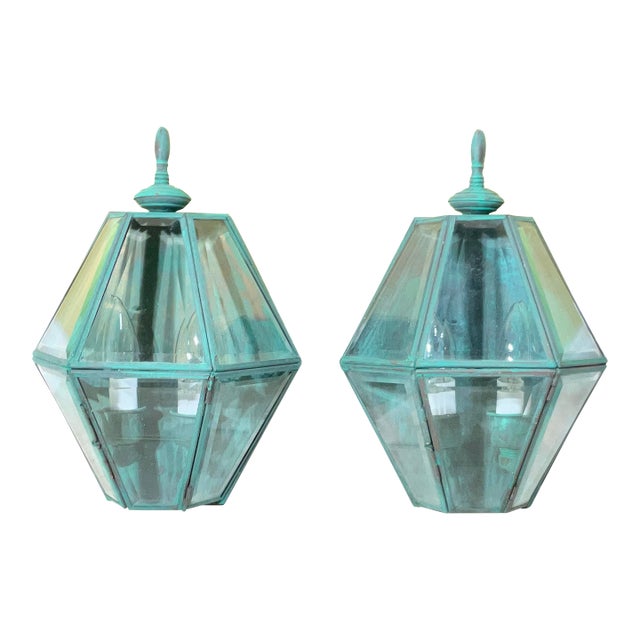 Pair of Vintage Solid Brass Verdigris Hexagonal Wall Sconces For Sale