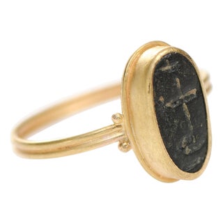 Bronze Cross Set in 21k Gold Ring, Size 7 For Sale