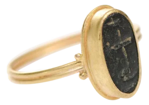 Bronze Cross Set in 21k Gold Ring, Size 7