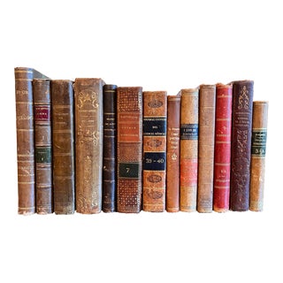 19th Century Brown & Beige Tone French Leather Bound Book Collection - Set of 13 For Sale