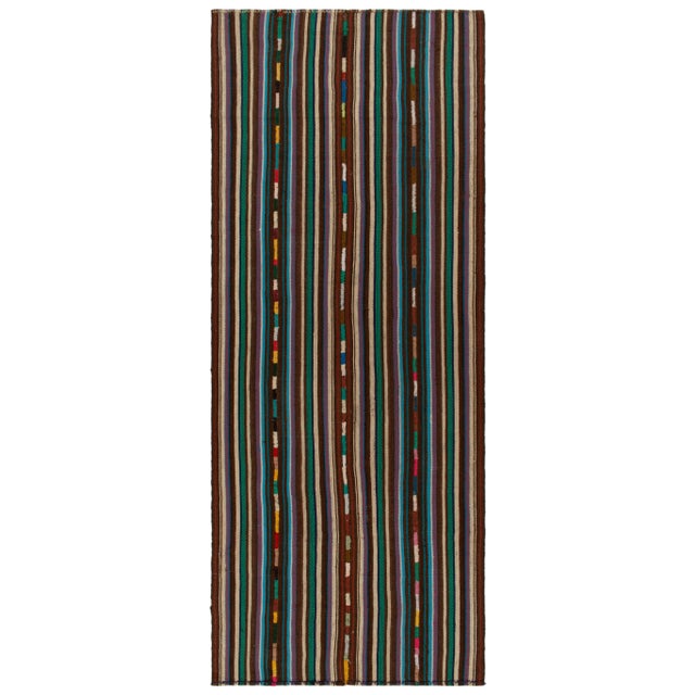Textile 1950s Vintage Chaput Kilim Rug in Beige-Brown, Blue Stripe Gradient Pattern For Sale - Image 7 of 7