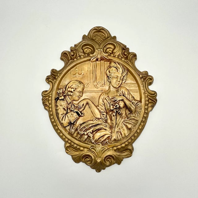 French Vintage French Revival Style Lord and Lady Gilt Wall Plaques a Pair For Sale - Image 3 of 8