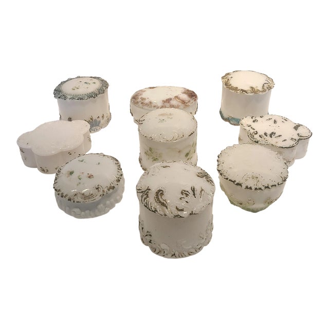Antique Dithridge Milk Glass Decorated Vanity Boxes- Set of 9 For Sale
