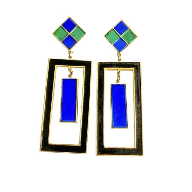 Trifari Hall of Mirrors Earrings Green & Blue Vintage Clip-On Drop Chandelier Statement Signed For Sale