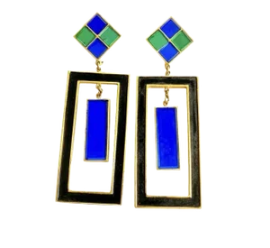 Trifari Hall of Mirrors Earrings Green & Blue Vintage Clip-On Drop Chandelier Statement Signed