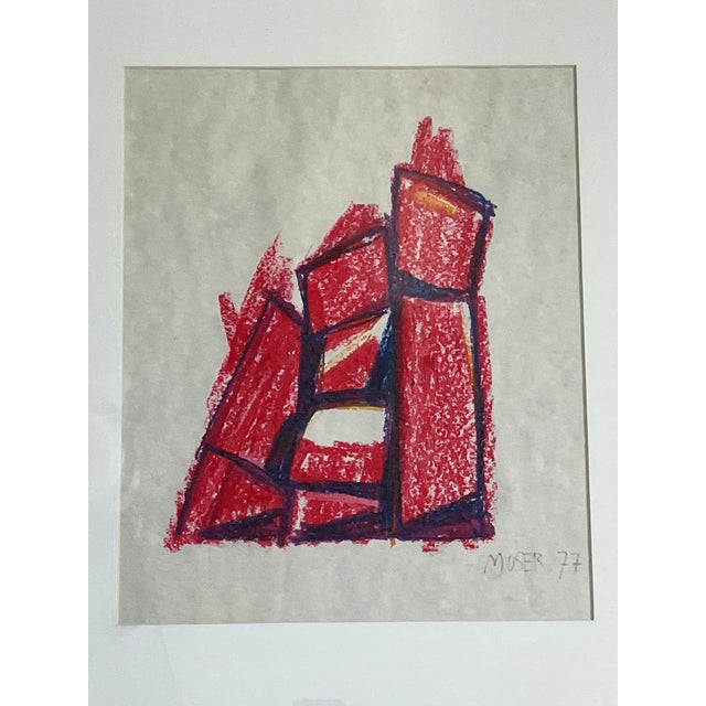 1970s Wilfred Moser Original Oil Stick on Paper Painting, Signed and Framed, Dated 77 For Sale - Image 5 of 7