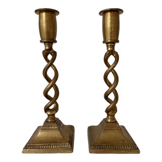 Early 20th Century English Twisted Brass Candlestick Holders- a Pair For Sale