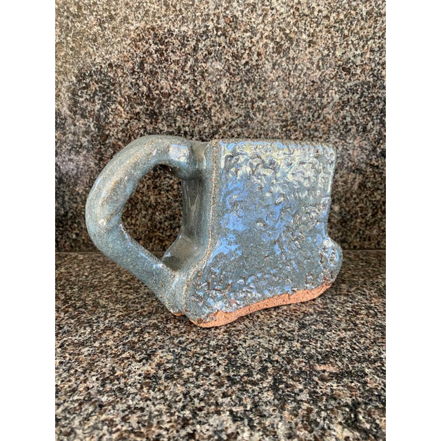 Postmodern Vintage Signed Glazed Terracotta Handled Vessel in Blue/GrayGlaze For Sale - Image 3 of 11