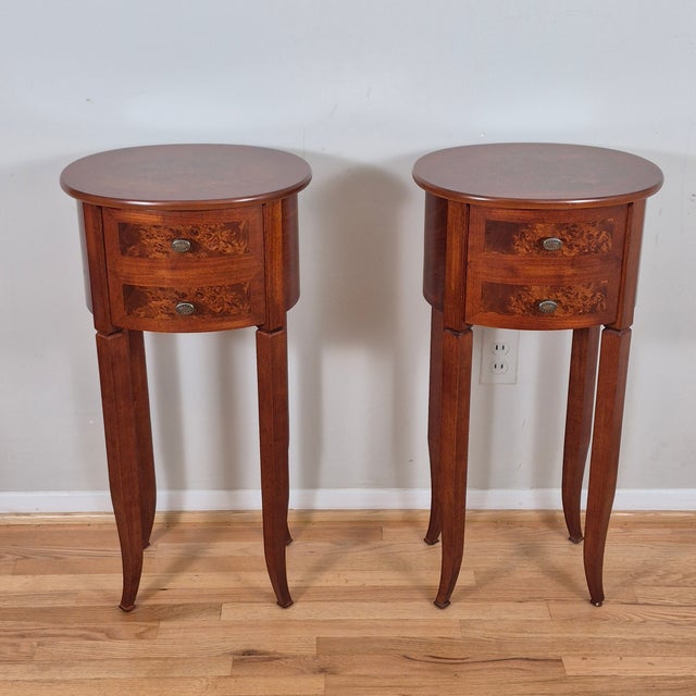 2000s Petite Oval Cherry & Burl Wood Inlay Traditional Side Tables Nightstands W/ Single Drawers, a Pair For Sale - Image 12 of 12